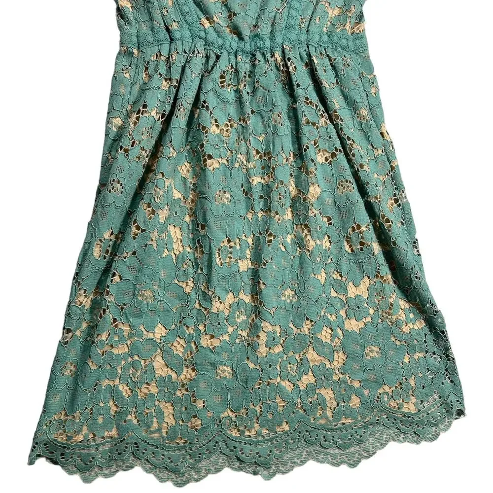 Chelsea & Violet Teal Lace Dress Nude Lined Sleeveless Square Neck Fit Flare XS - Picture 6 of 16